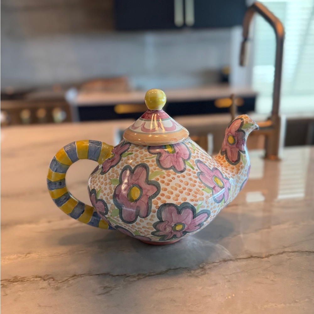 Vintage MacKenzie-Childs Yellow and Pink Ceramic Teapot 1999 Taylor Myrtle colle